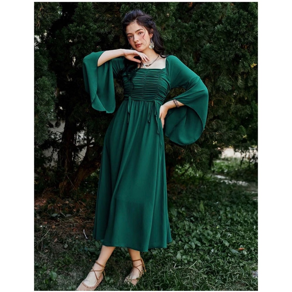Scarlet Darkness Dark Green Ruched Off Shoulder Bell Sleeve Midi Dress 2XL NEW